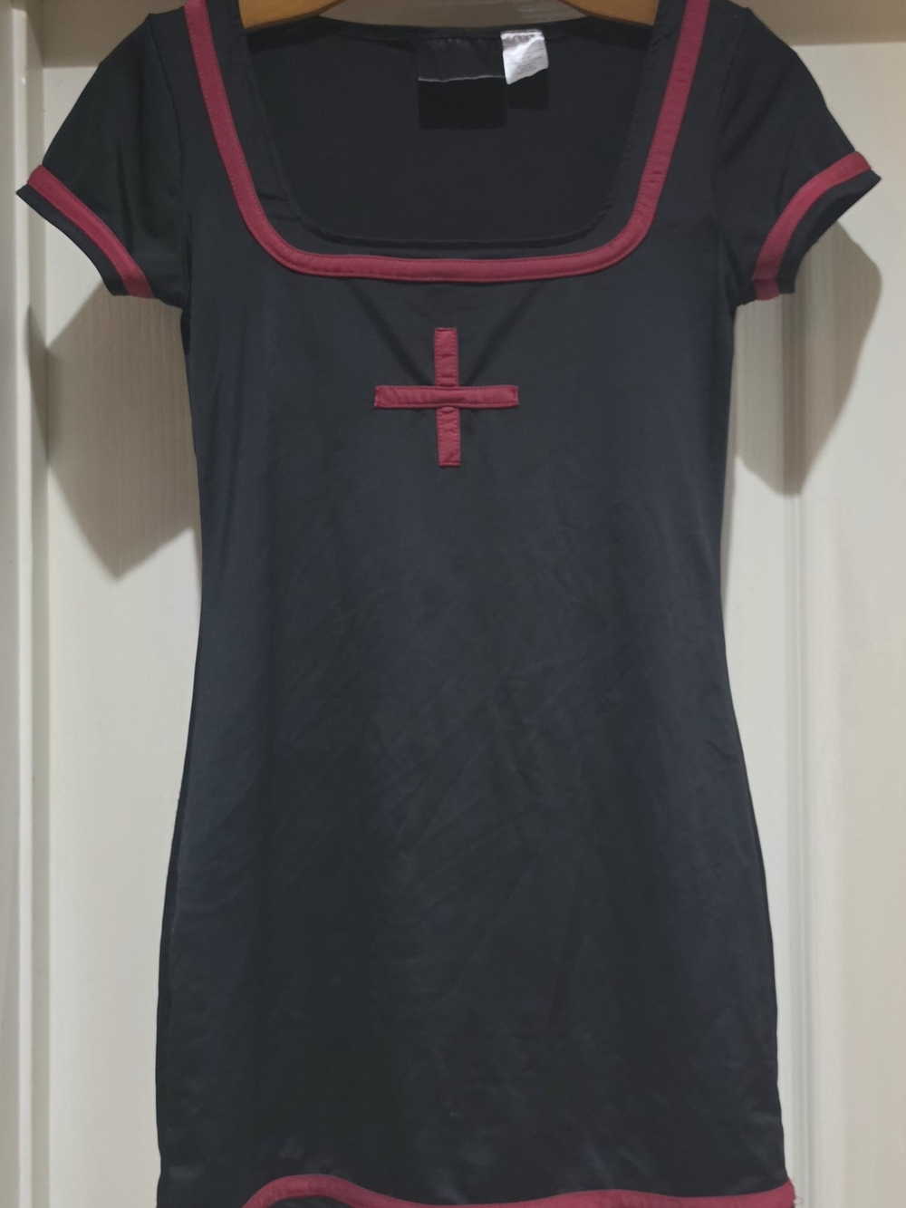 Black Mini Dress with Burgundy Trim and Cross Detail